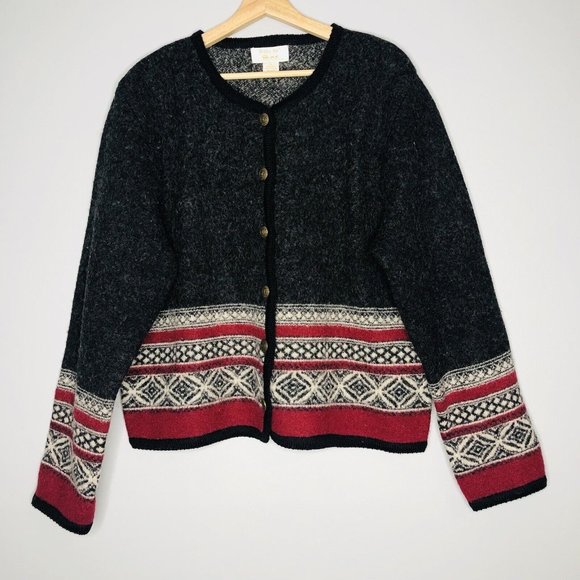 VTG Tally Ho Gray Jacket XL 100% Wool Fair Isle Long Sleeve Cardigan Sweater Top - Picture 5 of 9